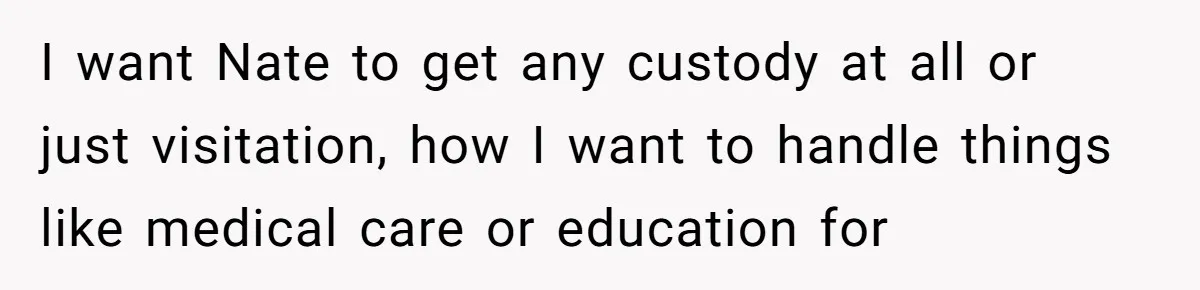 I want Nate to get any custody at all or just visitation, how I want to handle things like medical care or education for