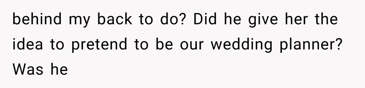 behind my back to do? Did he give her the idea to pretend to be our wedding planner? Was he
