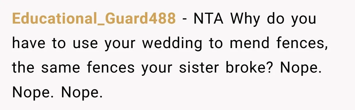 Educational_Guard488 − NTA Why do you have to use your wedding to mend fences, the same fences your sister broke? Nope. Nope. Nope.
