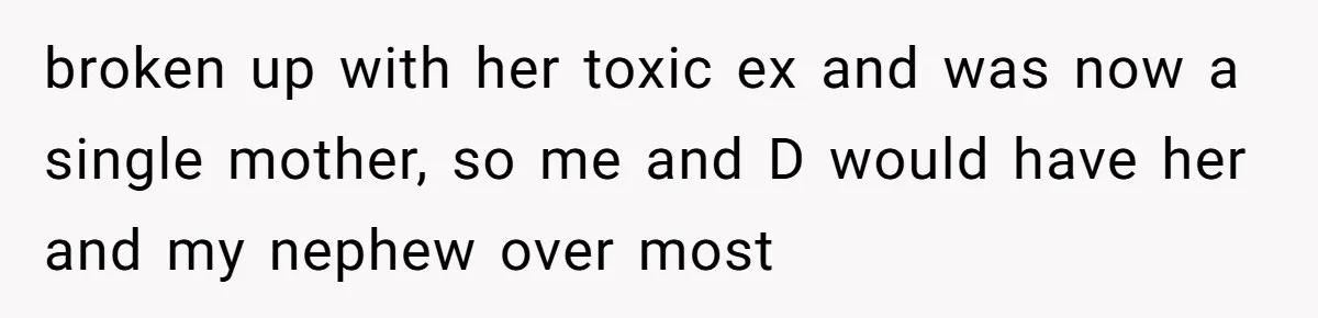 broken up with her toxic ex and was now a single mother, so me and D would have her and my nephew over most