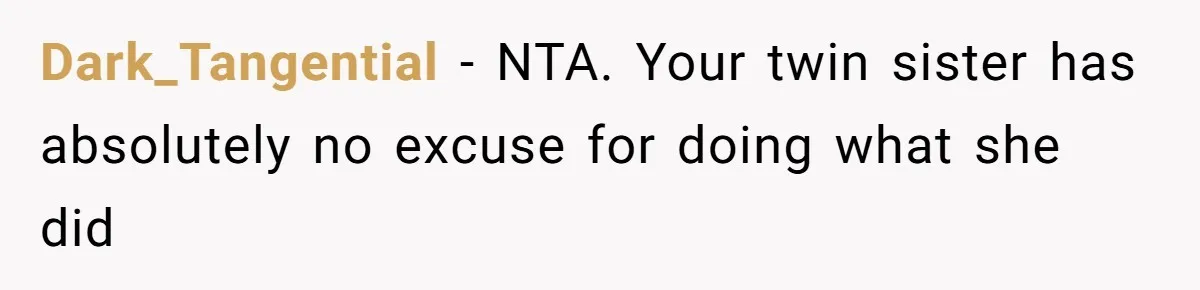 Dark_Tangential − NTA. Your twin sister has absolutely no excuse for doing what she did