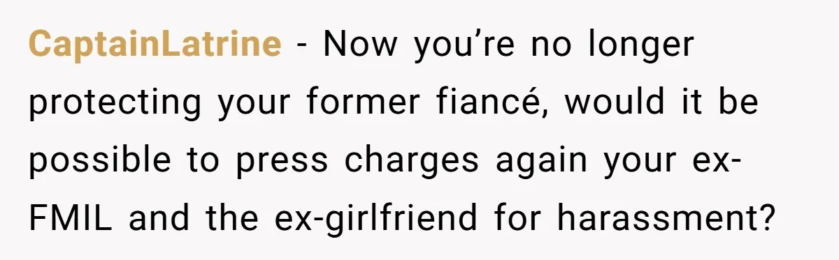 CaptainLatrine − Now you’re no longer protecting your former fiancé, would it be possible to press charges again your ex-FMIL and the ex-girlfriend for harassment?