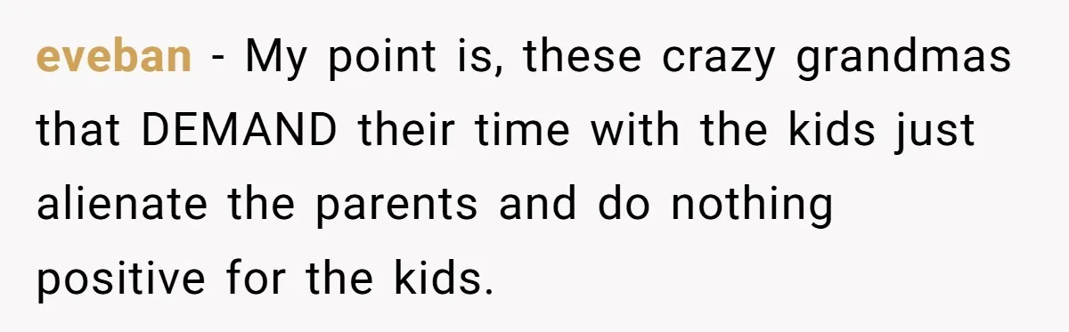 Grandma Demands Weekend Visits After Son Signs Away His Parental Rights eveban − My point is, these crazy grandmas that DEMAND their time with the kids just alienate the parents and do nothing positive for the kids.