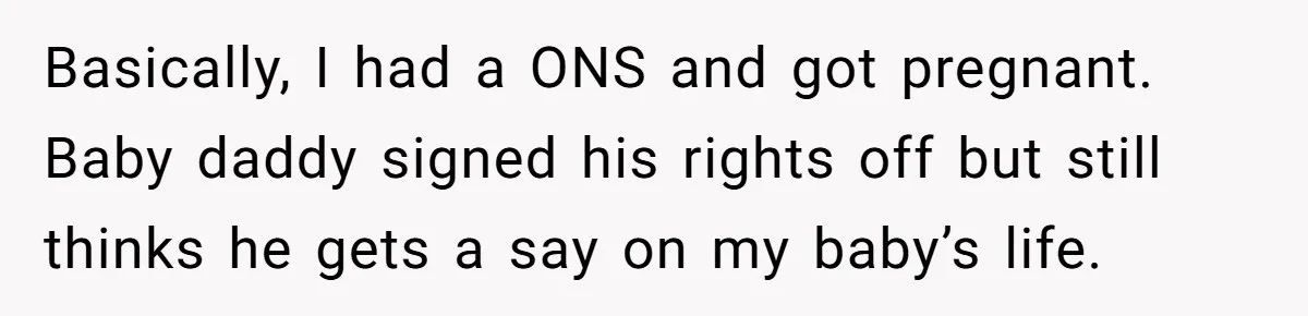 Grandma Demands Weekend Visits After Son Signs Away His Parental Rights Basically, I had a ONS and got pregnant. Baby daddy signed his rights off but still thinks he gets a say on my baby’s life.