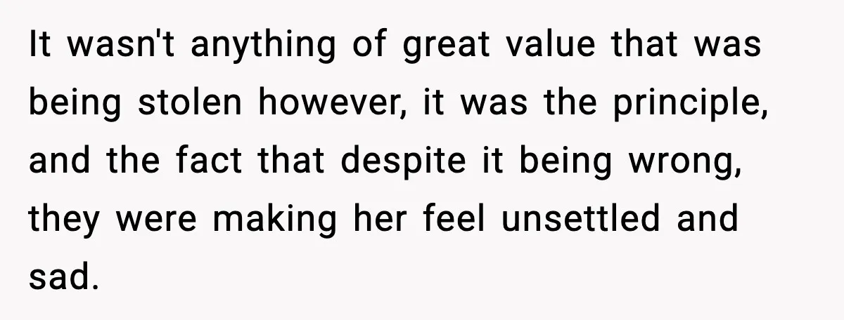 It wasn't anything of great value that was being stolen however, it was the principle, and the fact that despite it being wrong, they were making her feel unsettled and...