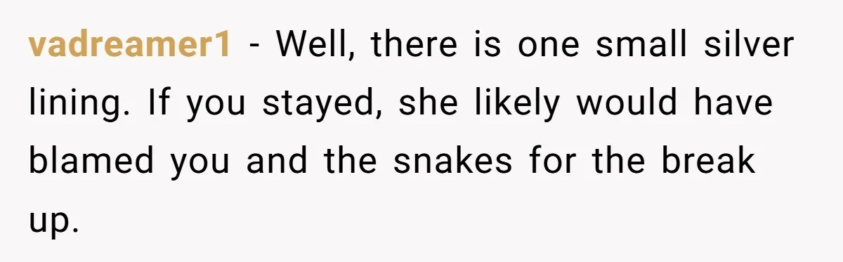 vadreamer1 − Well, there is one small silver lining. If you stayed, she likely would have blamed you and the snakes for the break up.