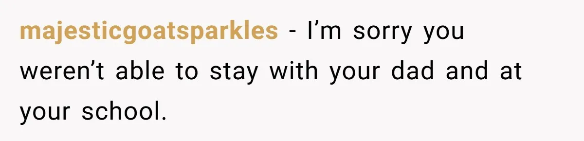 majesticgoatsparkles − I’m sorry you weren’t able to stay with your dad and at your school.