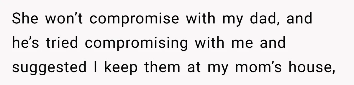 She won’t compromise with my dad, and he’s tried compromising with me and suggested I keep them at my mom’s house,