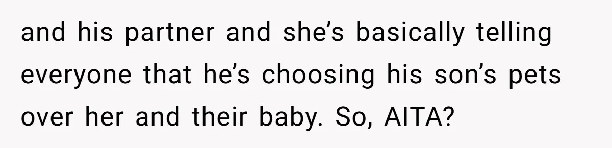 and his partner and she’s basically telling everyone that he’s choosing his son’s pets over her and their baby. So, AITA?