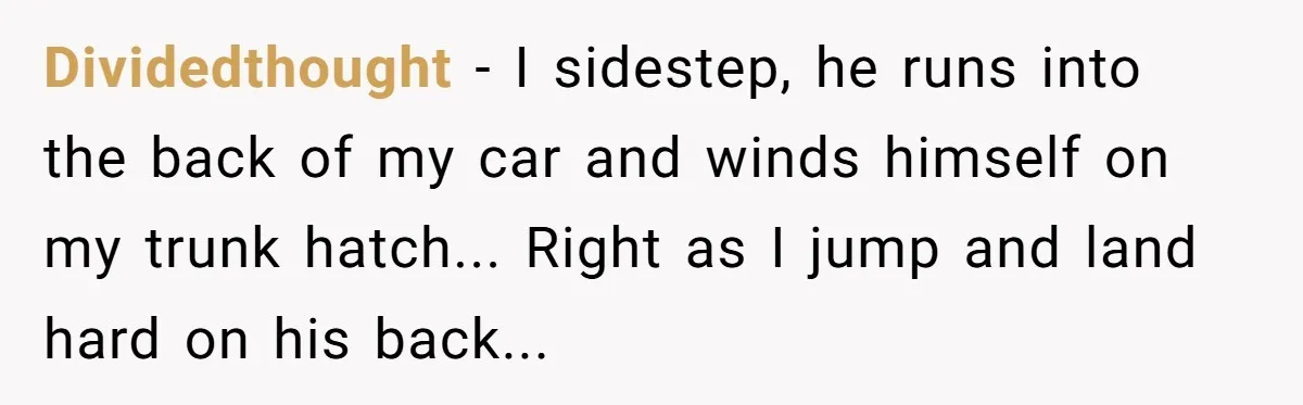 Dividedthought − I sidestep, he runs into the back of my car and winds himself on my trunk hatch... Right as I jump and land hard on his back...