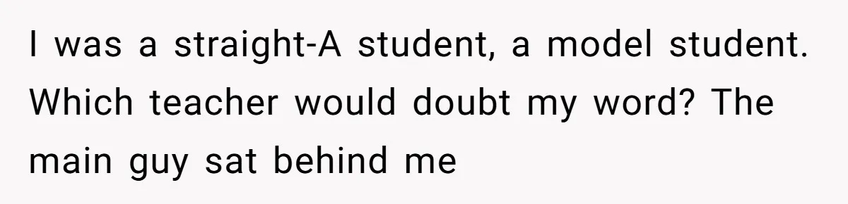 I was a straight-A student, a model student. Which teacher would doubt my word? The main guy sat behind me