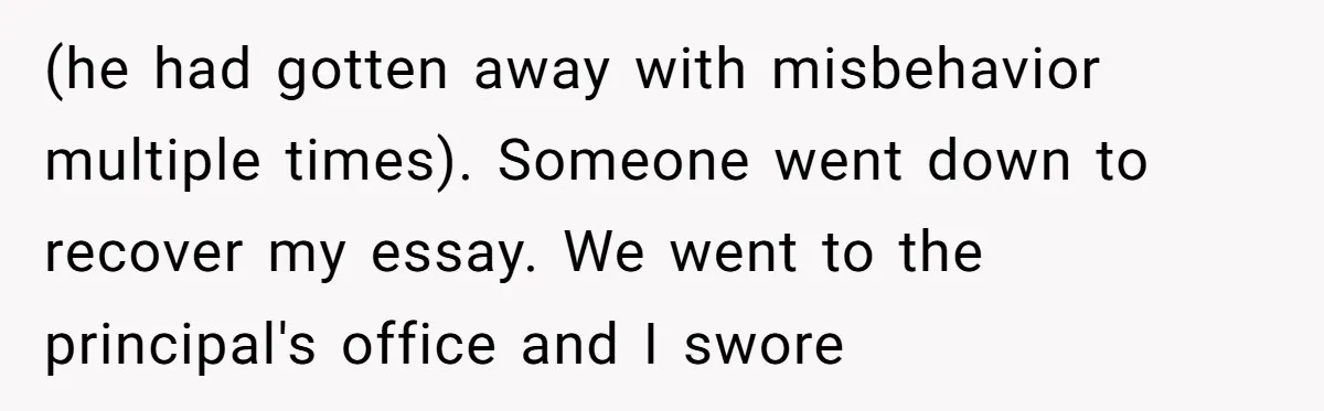 (he had gotten away with misbehavior multiple times). Someone went down to recover my essay. We went to the principal's office and I swore