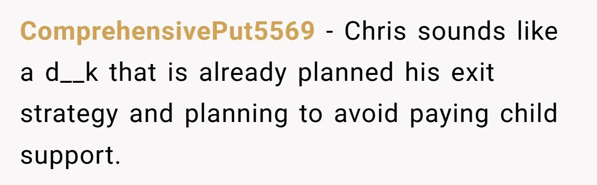 ComprehensivePut5569 − Chris sounds like a d__k that is already planned his exit strategy and planning to avoid paying child support.
