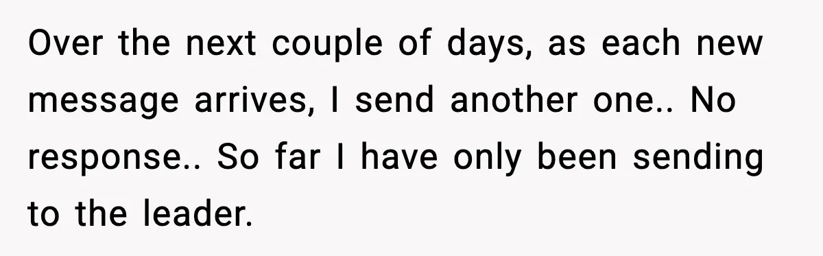 Over the next couple of days, as each new message arrives, I send another one.. No response.. So far I have only been sending to the leader.