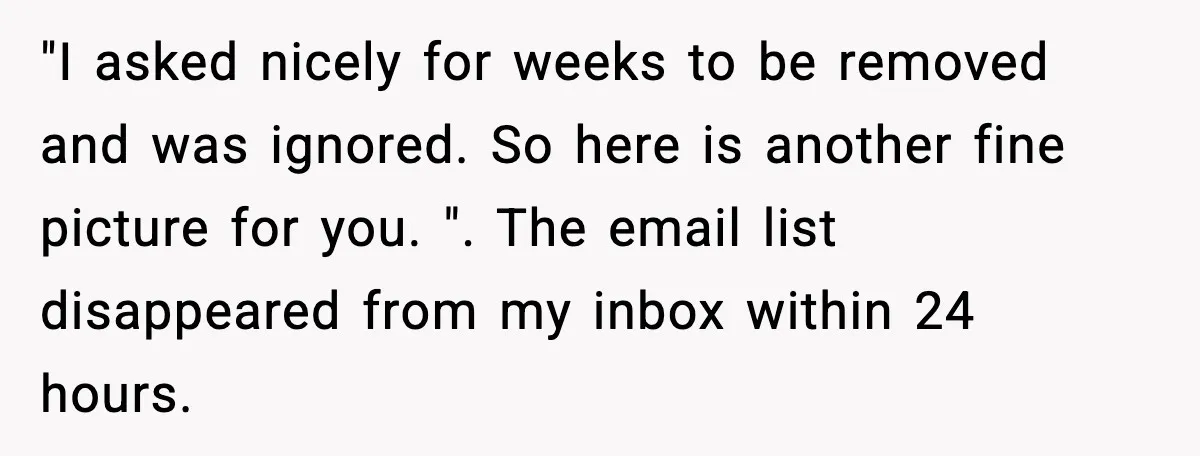 "I asked nicely for weeks to be removed and was ignored. So here is another fine picture for you. ". The email list disappeared from my inbox within 24 hours.