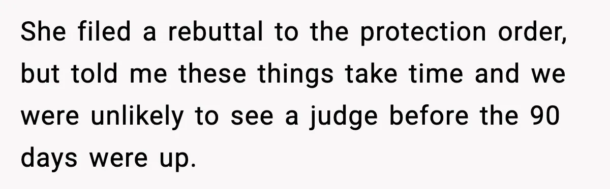 She filed a rebuttal to the protection order, but told me these things take time and we were unlikely to see a judge before the 90 days were up.