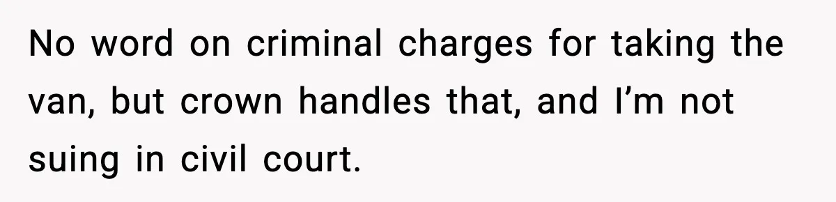 No word on criminal charges for taking the van, but crown handles that, and I’m not suing in civil court.