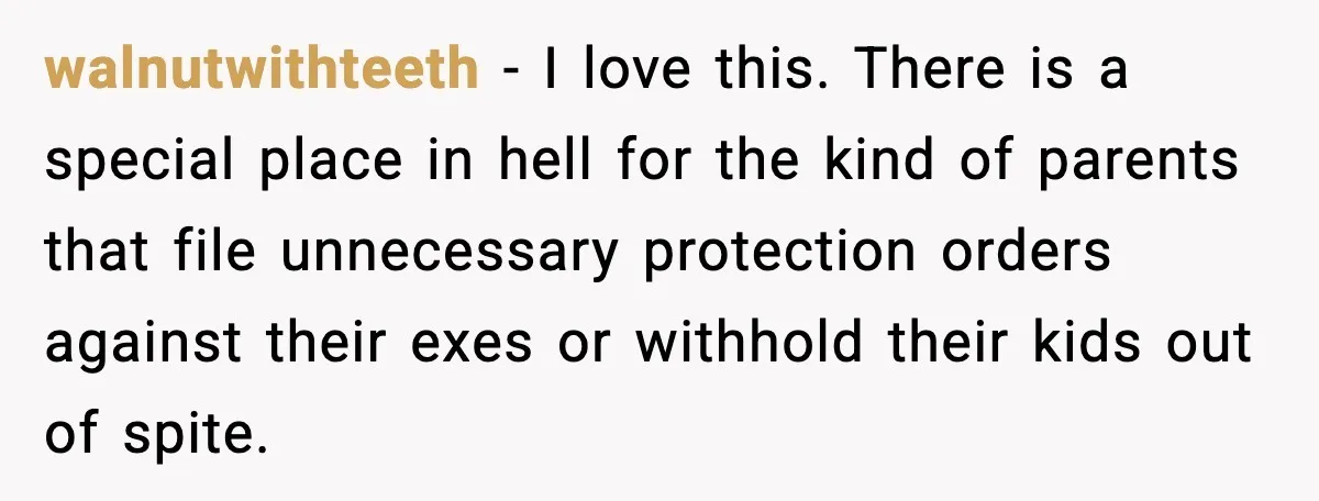 walnutwithteeth - I love this. There is a special place in hell for the kind of parents that file unnecessary protection orders against their exes or withhold their kids out...