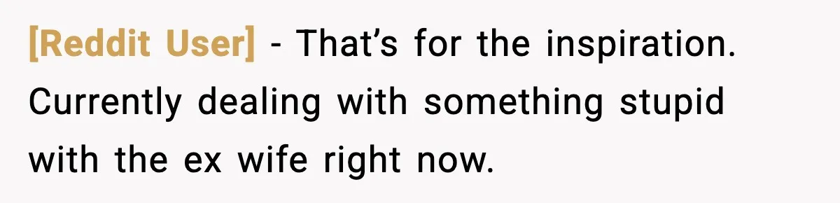 [Reddit User] - That’s for the inspiration. Currently dealing with something stupid with the ex wife right now.