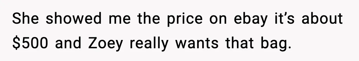 She showed me the price on ebay it’s about $500 and Zoey really wants that bag.