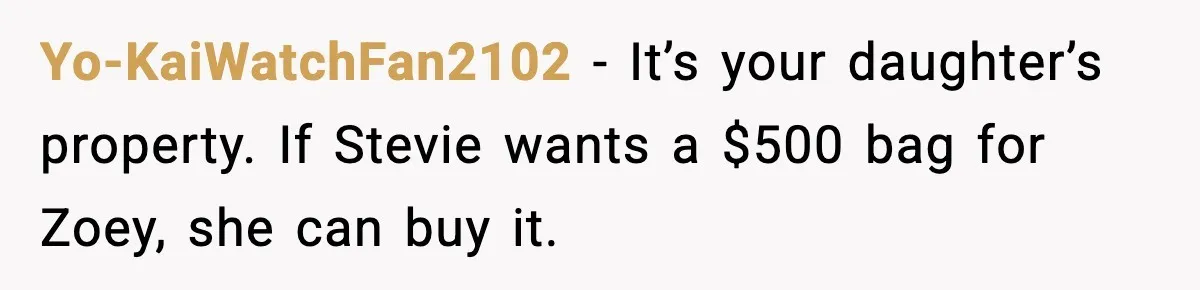 Yo-KaiWatchFan2102 - It’s your daughter’s property. If Stevie wants a $500 bag for Zoey, she can buy it.