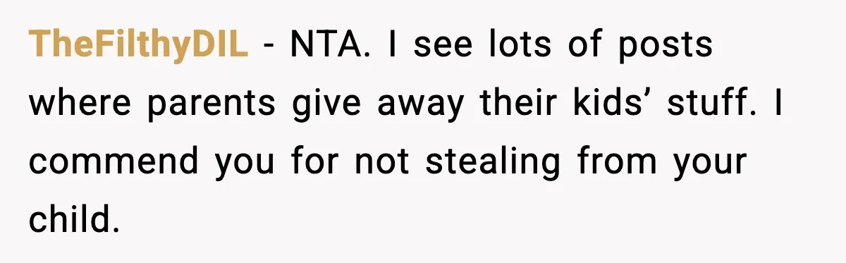 TheFilthyDIL - NTA. I see lots of posts where parents give away their kids’ stuff. I commend you for not stealing from your child.
