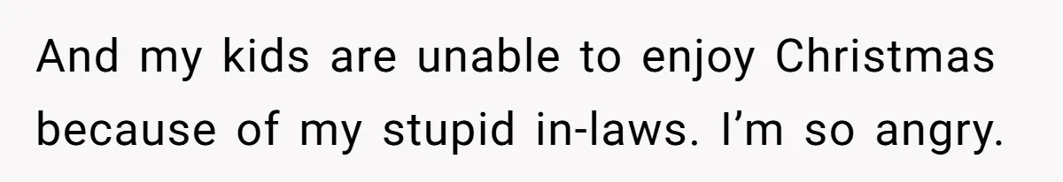 And my kids are unable to enjoy Christmas because of my stupid in-laws. I’m so angry.
