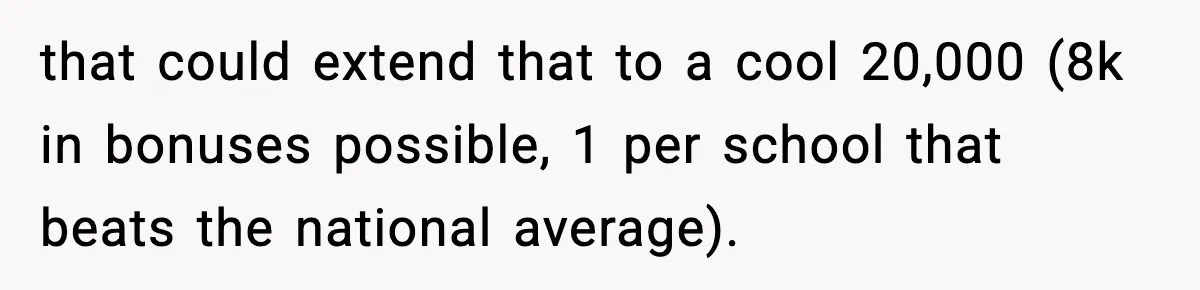 New Principal Demands Teacher Quit Second Job, Loses Him And Triggers A Staff Exodus Instead that could extend that to a cool 20,000 (8k in bonuses possible, 1 per school that beats the national average).