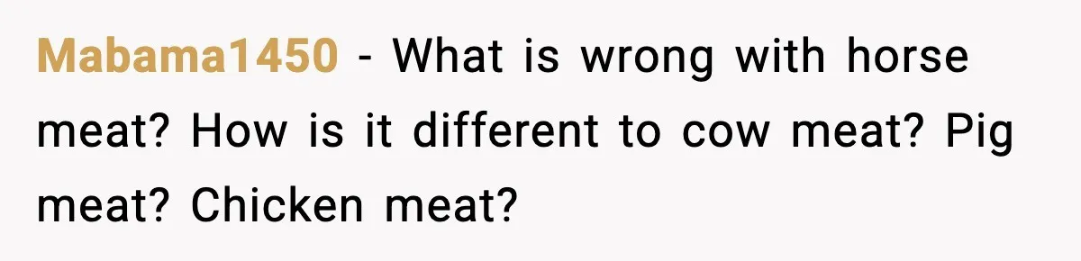 Food-Stealing Roommate Cooks Stolen Meat For His Mom, Only To Learn Too Late It Was Horse Meat Mabama1450 − What is wrong with horse meat? How is it different to cow meat? Pig meat? Chicken meat?