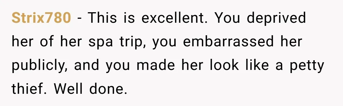 Strix780 − This is excellent. You deprived her of her spa trip, you embarrassed her publicly, and you made her look like a petty thief. Well done.