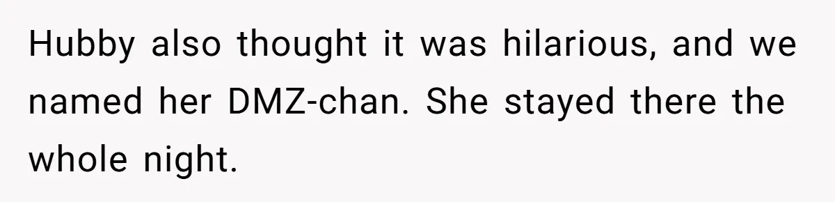 Hubby also thought it was hilarious, and we named her DMZ-chan. She stayed there the whole night.