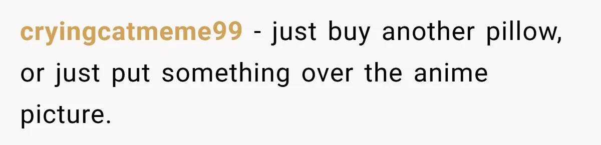 cryingcatmeme99 − just buy another pillow, or just put something over the anime picture.