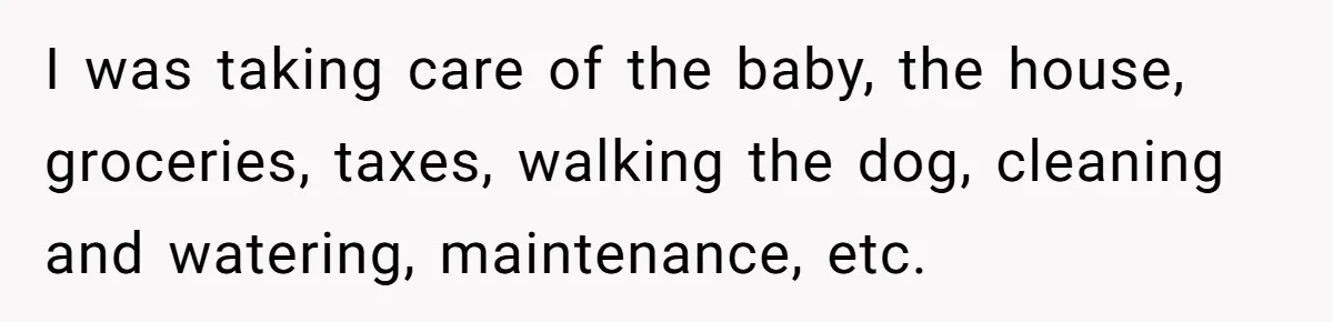 SAHM Tells Husband She’ll Go Back To Work Unless He Shares His Salary I was taking care of the baby, the house, groceries, taxes, walking the dog, cleaning and watering, maintenance, etc.