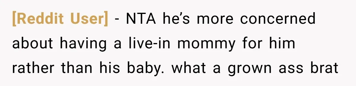 [Reddit User] − NTA he’s more concerned about having a live-in mommy for him rather than his baby. what a grown ass brat