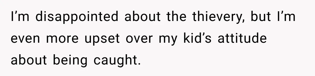 I’m disappointed about the thievery, but I’m even more upset over my kid’s attitude about being caught.