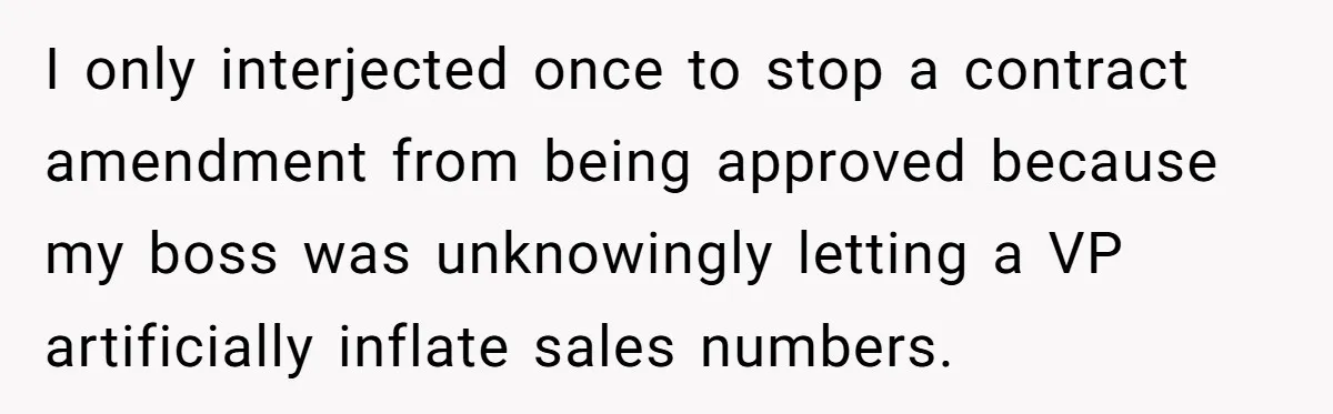I only interjected once to stop a contract amendment from being approved because my boss was unknowingly letting a VP artificially inflate sales numbers.