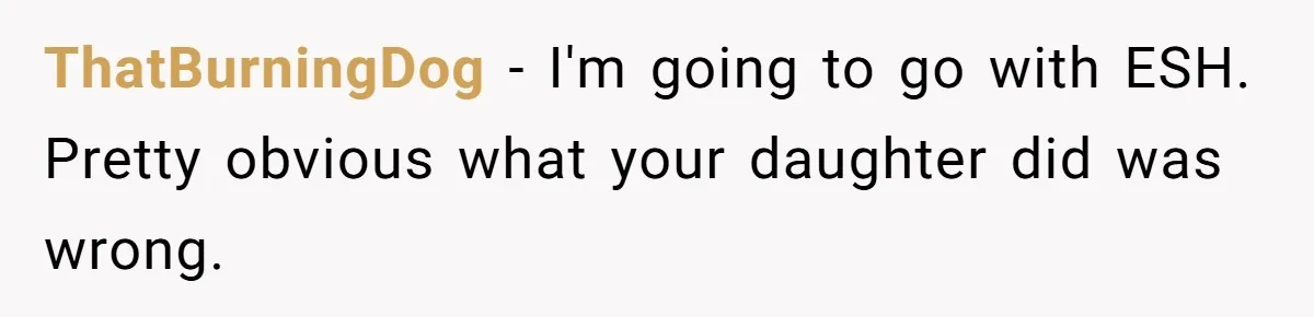 ThatBurningDog − I'm going to go with ESH. Pretty obvious what your daughter did was wrong.