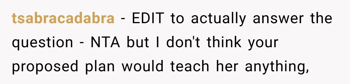 tsabracadabra − EDIT to actually answer the question - NTA but I don't think your proposed plan would teach her anything,