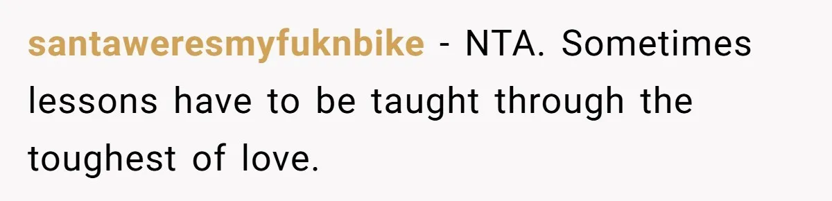 santaweresmyfuknbike − NTA. Sometimes lessons have to be taught through the toughest of love.