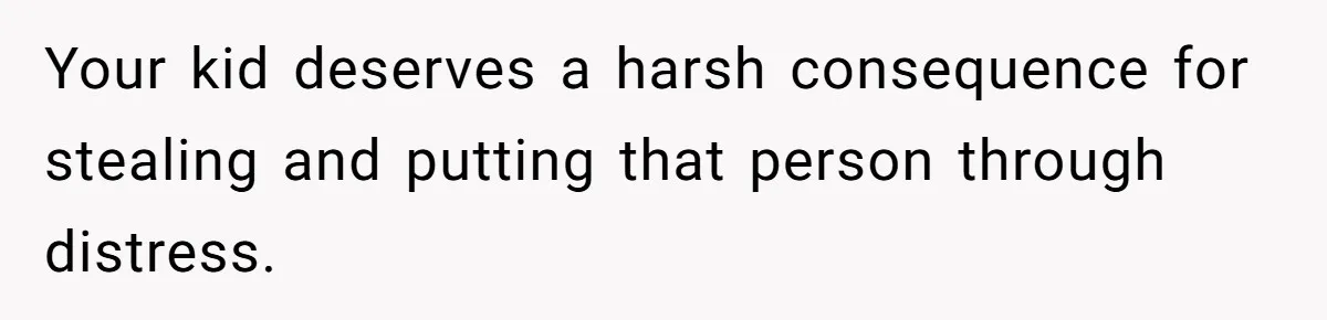 Your kid deserves a harsh consequence for stealing and putting that person through distress.