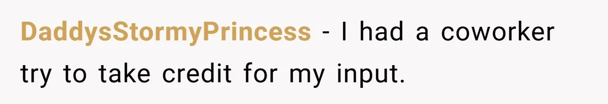 DaddysStormyPrincess − I had a coworker try to take credit for my input.