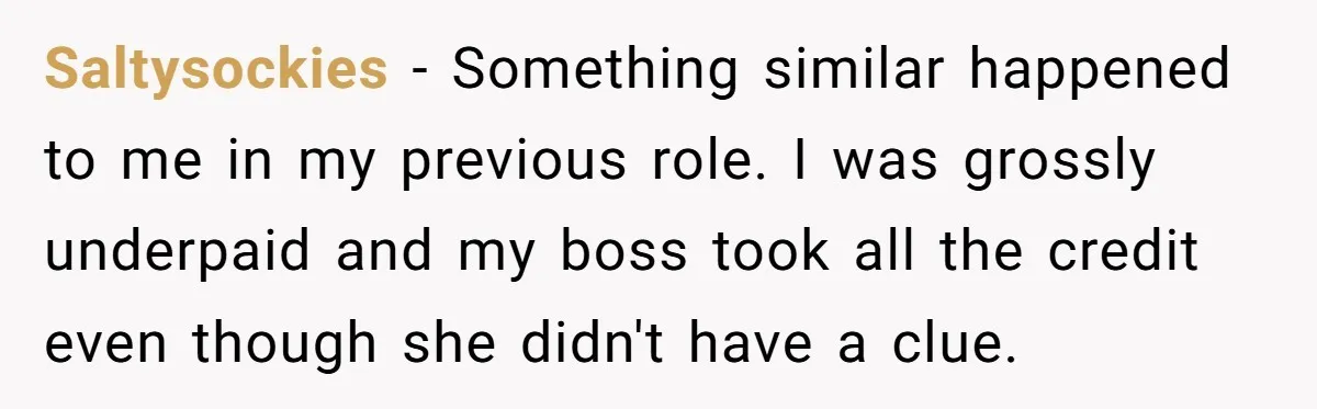 Saltysockies − Something similar happened to me in my previous role. I was grossly underpaid and my boss took all the credit even though she didn't have a clue.