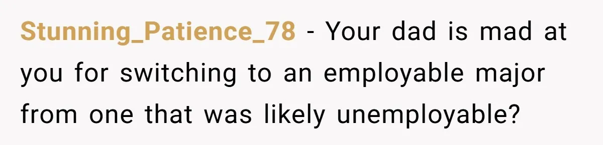 Dad Cuts Tuition Over Major Change, Still Expects 24/7 Access To Her Location Stunning_Patience_78 − Your dad is mad at you for switching to an employable major from one that was likely unemployable?