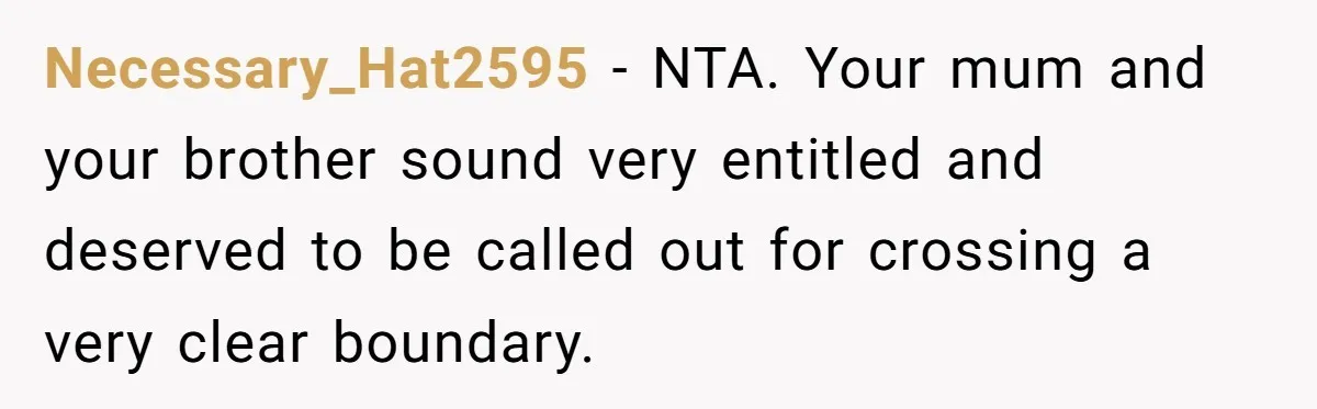 Necessary_Hat2595 − NTA. Your mum and your brother sound very entitled and deserved to be called out for crossing a very clear boundary.