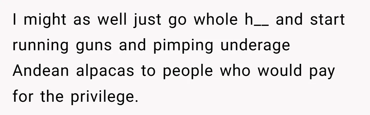 I might as well just go whole h__ and start running guns and pimping underage Andean alpacas to people who would pay for the privilege.