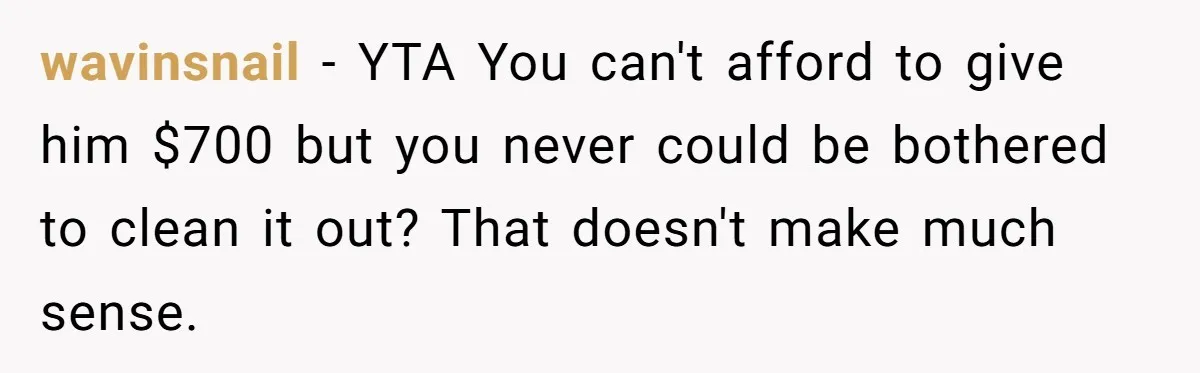 wavinsnail − YTA You can't afford to give him $700 but you never could be bothered to clean it out? That doesn't make much sense.