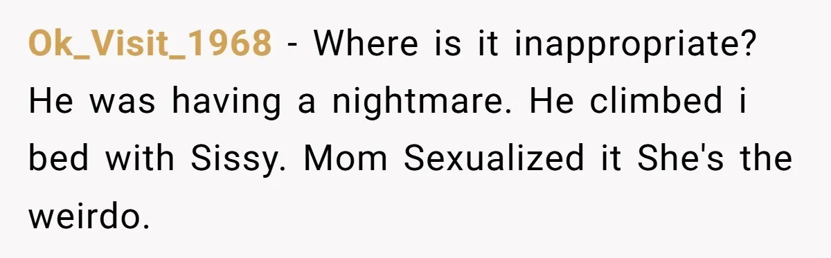 Ok_Visit_1968 − Where is it inappropriate? He was having a nightmare. He climbed i bed with Sissy. Mom Sexualized it She's the weirdo.