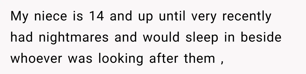 My niece is 14 and up until very recently had nightmares and would sleep in beside whoever was looking after them ,