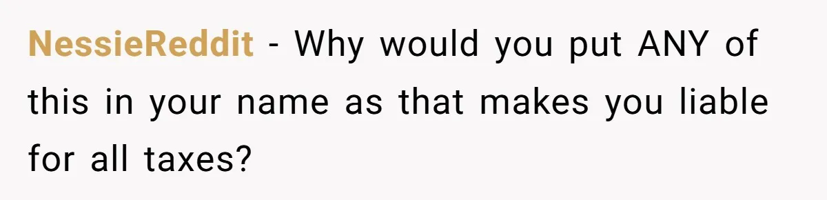 NessieReddit − Why would you put ANY of this in your name as that makes you liable for all taxes?