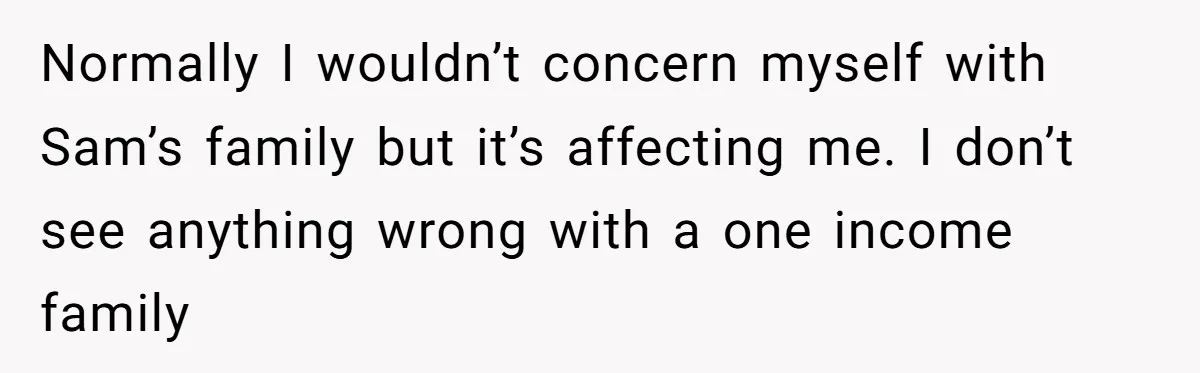 Normally I wouldn’t concern myself with Sam’s family but it’s affecting me. I don’t see anything wrong with a one income family
